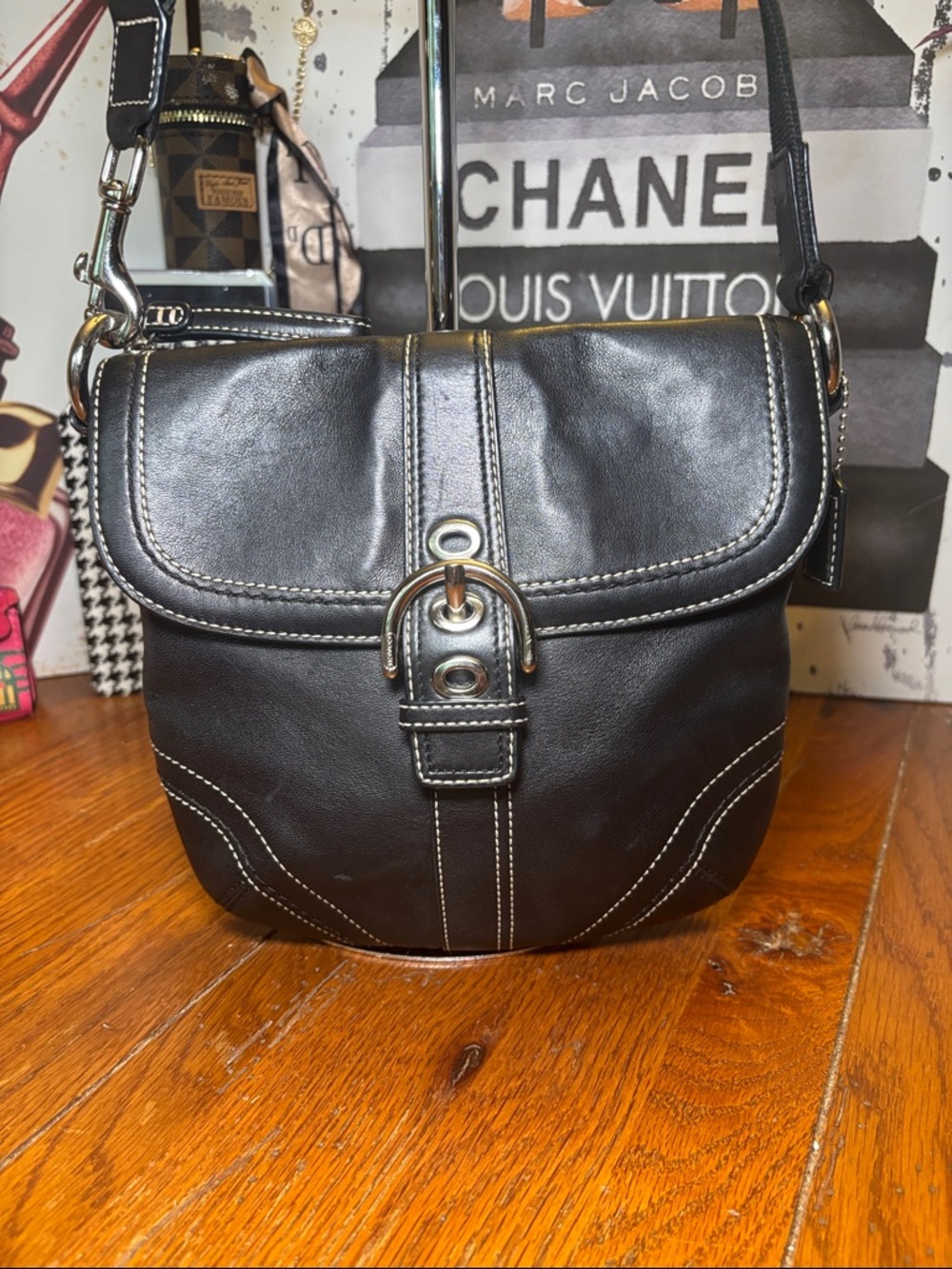 Coach Black Leather Flap Crossbody Bag | Contrast Stitching | Adjustable Strap